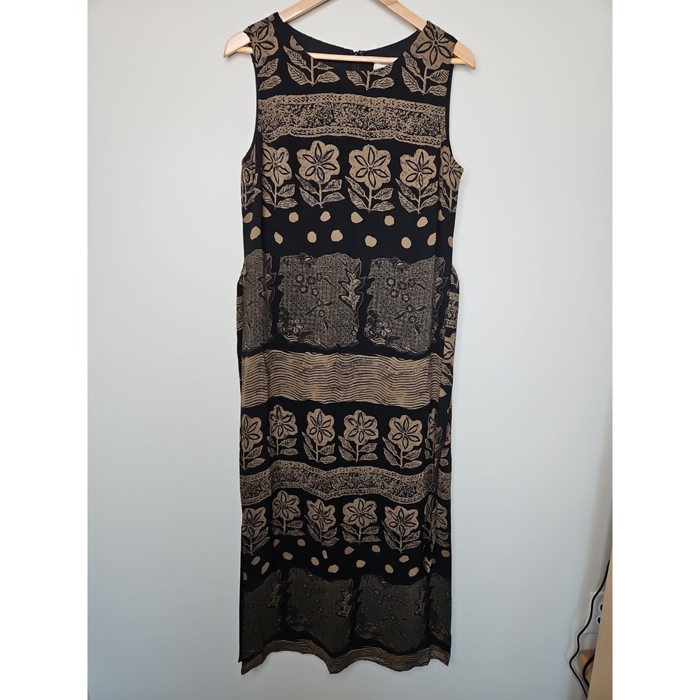 Coldwater Creek Dress 12 Black Brown Floral Tribal Maxi Tie Back Slits Lined